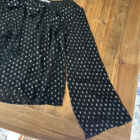 black blouse, long sleeve, metallic, polka dots, bow, feminine, silk, holiday - Picture 2 of 5